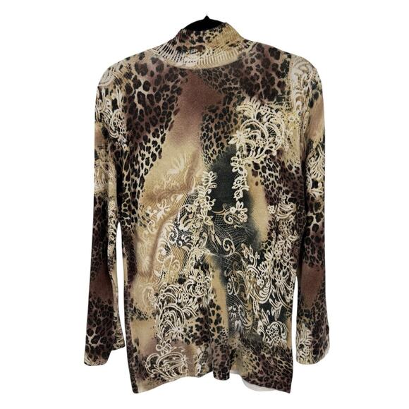 Cache animal artsy pattern knit high neck top size large Brown Gold Long Sleeve - Picture 2 of 11